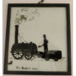 A glass panel, with painted silhouette of The Rocket 1830, 11ins x 9.75ins