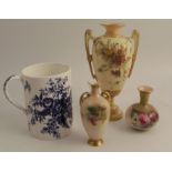 Two Royal Worcester vases, decorated with roses, both af, together with a Royal Worcester blush
