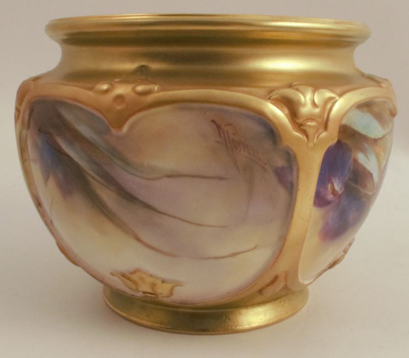 A Royal Worcester cache pot, the quarter lobbed body decorated with iris by W Powell, shape number - Image 3 of 5