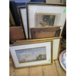 Two 19th century watercolours, landscapes, 6.5ins x 10.5ins, together with two prints of Leicester