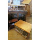 A glazed oak cabinet, together with a wicker topped stool, a solid seat chair and other items