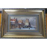 F Beekhout, oil on board, Continental snowy town scene, 5.5ins x 11ins