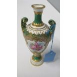 A Royal Worcester vase, decorated with a green ground, to gilt and ivorine, reserving a floral panel