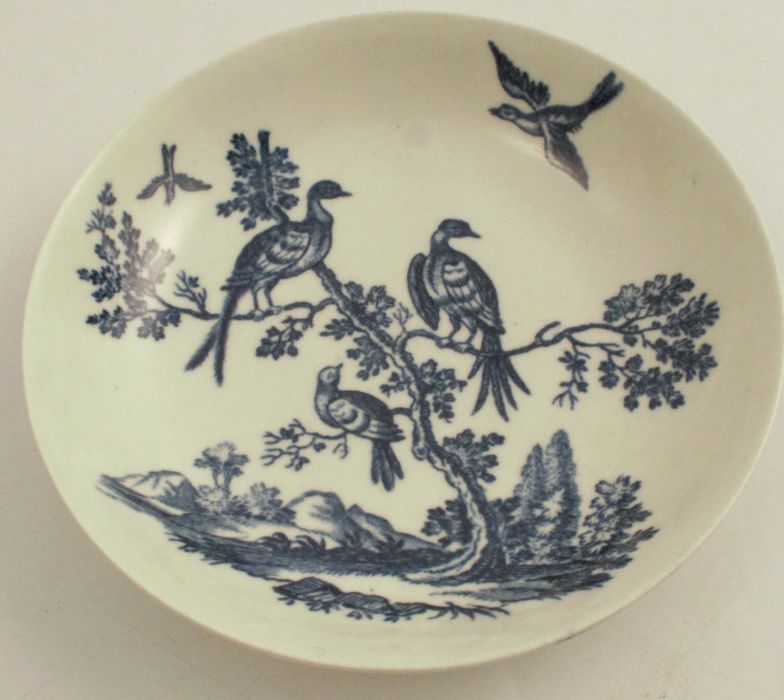A first period Worcester tea bowl and saucer, decorated in the Birds in Branches pattern, crescent - Image 2 of 4