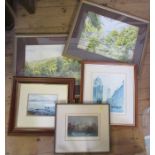 Tim Williams, two watercolours, landscapes, 11ins x 15ins, together with three other pictures