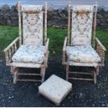 Two bleached frame American rocking chairs, together with a footstool
