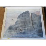 Janet Wheeler, oil on board, Piller Rock, with climbers and buzzards, 19ins x 23ins