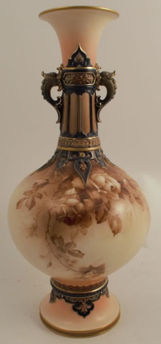 A Hadley's Worcester pedestal vase, decorated with brown flowers, height 15ins - very crazed
