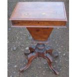 A Victorian walnut sewing table, with fitted interior and carved decoration, 18.5ins x 13.5ins,