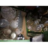 Two boxes of assorted glassware, to include decanters, tray, bowls etc, together with two pieces