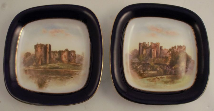 Two Royal Worcester square dishes, decorated with Chepstow Castle and Ludlow Castle, diameter 9.5ins