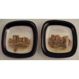 Two Royal Worcester square dishes, decorated with Chepstow Castle and Ludlow Castle, diameter 9.5ins