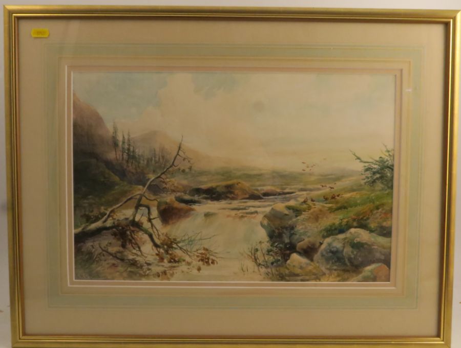 C H C Baldwyn, watercolour, landscape with waterfall and game birds, 12ins x 18ins