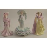 Four Coalport porcelain figures, The Ascot Lady 1986, 1989 and 1987, special editions wearing a