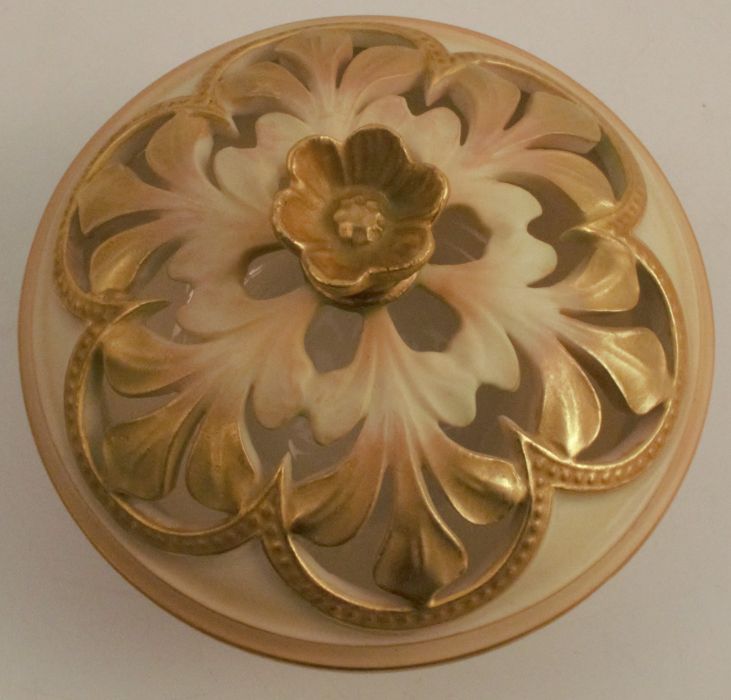 A Royal Worcester gilded ivory covered bowl, the pierced cover decorated with a flower finial and - Image 2 of 4