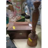 A 19th century tea caddy, together with a turned wooden priest