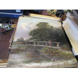 A unframed oil on canvas, rural scene with figures on a bridge, 10.5ins x 9ins, together with a