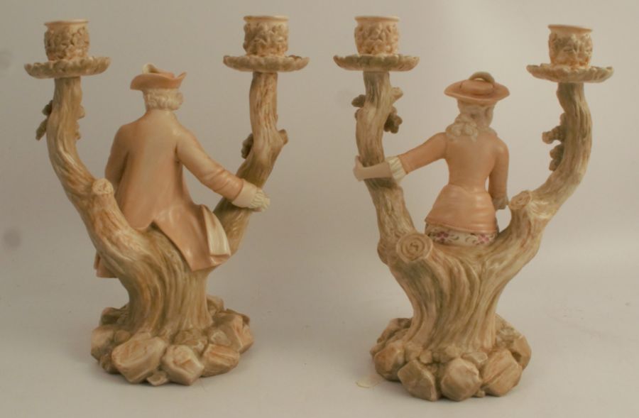 A pair of Royal Worcester blush ivory candelabra, formed as seated figures in the fork of branches - Image 2 of 4