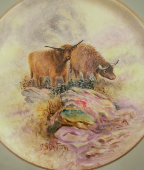 Six Royal Worcester plates, probably decorated outside the factory with highland cattle and - Image 2 of 4