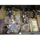 Two boxes of assorted items, to include a cuckoo clock, silver plated items, glasses, china models