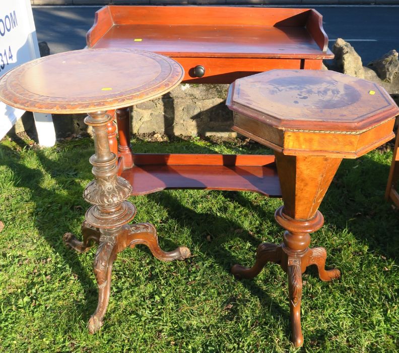 A wash stand, together with a carved occasional table and a Victorian sewing table