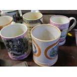 Four 19th century English porcelain frog mugs, decorated with text and figures, height 5.25ins and