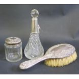 A Silver Top Slice Cut Glass Hair Pot, silver top scent bottle and silver backed hand brush