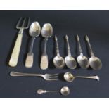 A Selection of Odd Silver Flatware and a plated bread fork with mother of pearl handle, 96g