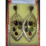 A Large Pair of 14ct Yellow Gold Multi Stone Set Pendant Earrings with screw backs, 68mm drop, 16.5g