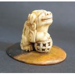 An Antique Chinese Carved Ivory Foo Dog on a polished agate base, 38mm high