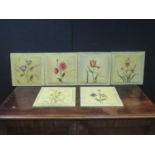 A Set of Six Hand Painted Floral Pictures, 30cm sq.