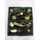 A Box of Victorian and later Jewellery including rolled gold locket, marcasite clips, mussel shell
