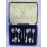 A Cased Set of Edwardian Silver Teaspoons with Sugar Tongs, Sheffield 1906, Cooper Brothers & Sons,