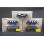 Five Fleischmann Piccolo N Gauge Railway Tender and Carriages. 8094, 8092, 8053 x2, 8054