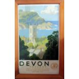 A Rare G.W.R. Devon Poster by Alker Tripp, 99x58cm. Old pin holes with rust stains, some creases and