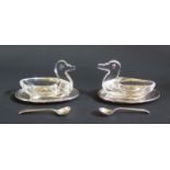 A Pair of Swiss .800 Silver and Glass Salts modelled crystal glass duck containers by Jezler and