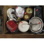 Two Boxes of Oddments including Steepletone Radio, Poole egg cup set, Rumtopf and glawware including