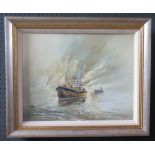 Wyn Appleford, Fishing Boats in the Mist, 20th/21st Century, Oil on Canvas, 44 x 35cm, Framed