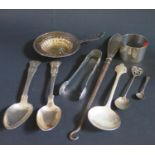 A Selection of Silver Flatware including Scottish teaspoon (J.Mc) and lemon strainer, 168g sterling