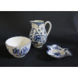 An 18th Century Worcester Lobed Porcelain Blue and White Tea Bowl (crescent mark), jug with crescent