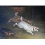 Oil on Panel depicting Terriers Rat Catching, monogrammed AB? Dated 1886,19 x 16cm, Framed