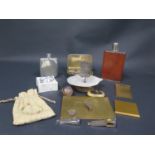 A Mother of Pearl and Silver Plated Pipe Vesta Holder Ashtray, hip flask etc.