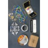 A Box of Jewellery including damaged Georgian memorial brooch and clasps, gilt locket, Eversharp