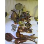 A Set of Five Graduated Copper Brandy Pans and other copper and brass