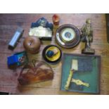 An Edwardian Aneroid Barometer, statue of Beethoven, Bandalasta Ware beaker, glazed display box etc.