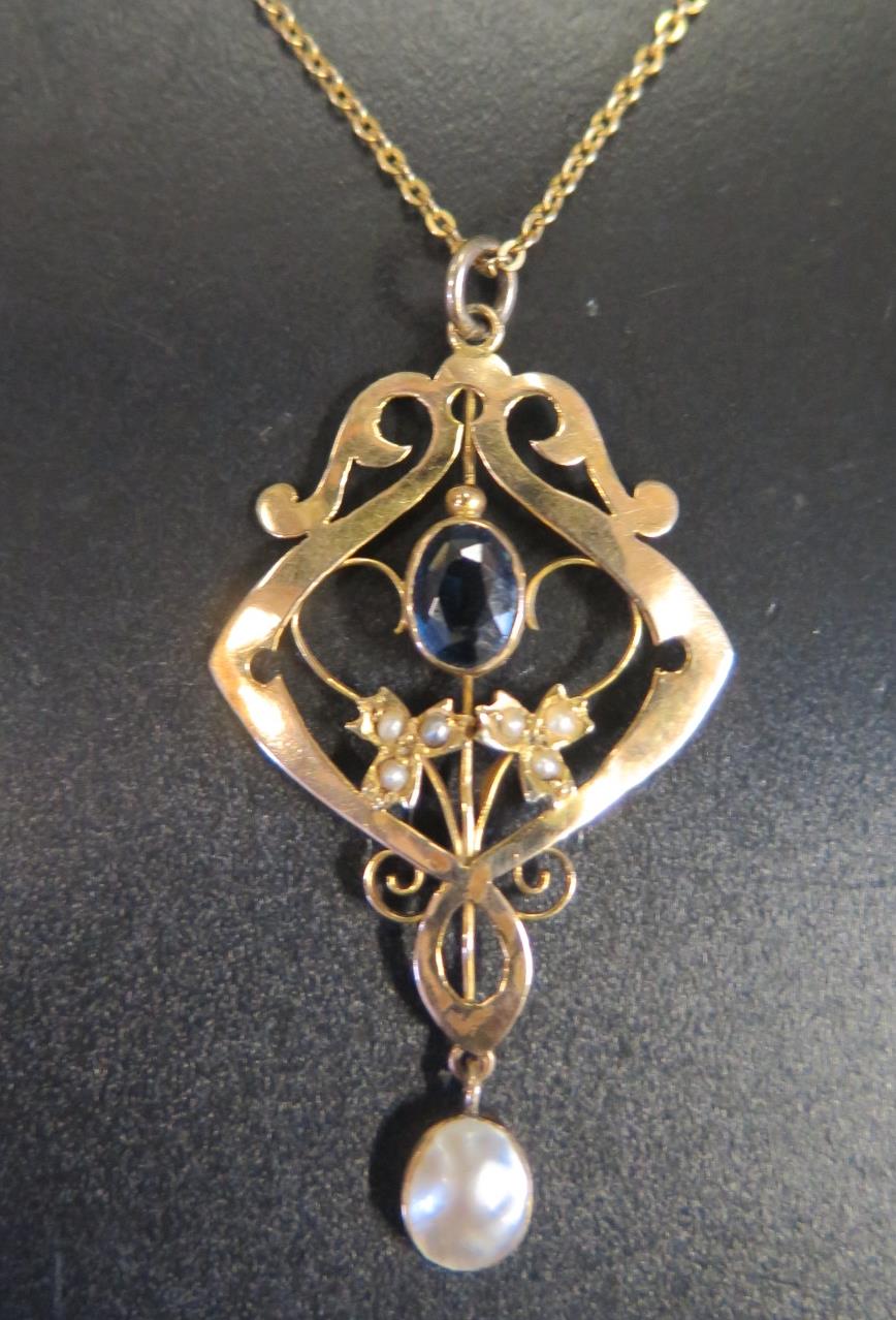 A 9ct Gold, Sapphire and Blister Pearl Pendant on chain, c. 49mm drop, 3.9g, Sydenham Brothers, 3.8g