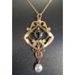 A 9ct Gold, Sapphire and Blister Pearl Pendant on chain, c. 49mm drop, 3.9g, Sydenham Brothers, 3.8g
