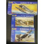Three Revell German Junkers Plane Kits 1/72 Scale. 4215, 04213, 4299. Appear unmade, complete and