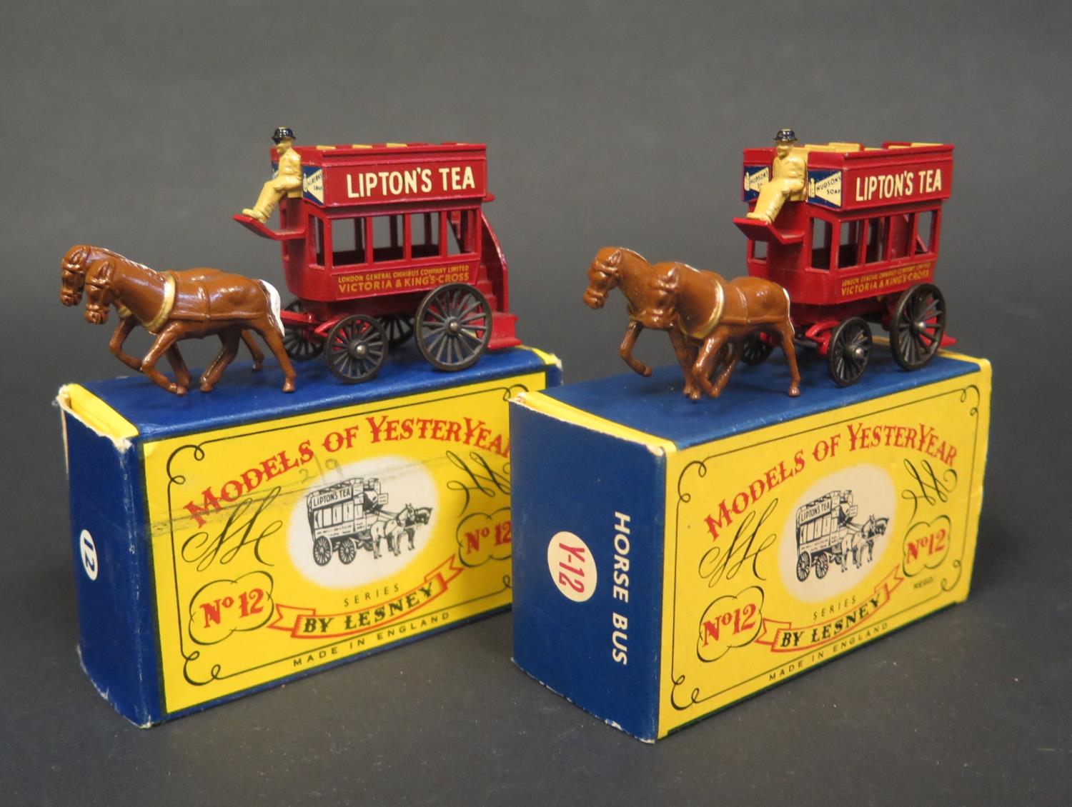 Two Matchbox Models of Yesteryear Y12-1 1899 Horse-drawn Buses, Red, beige upper deck and lower deck