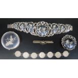 A Siam Silver Bracelet, Brooch and Tie Pin (73.8g), unmarked compact and coin bracelet